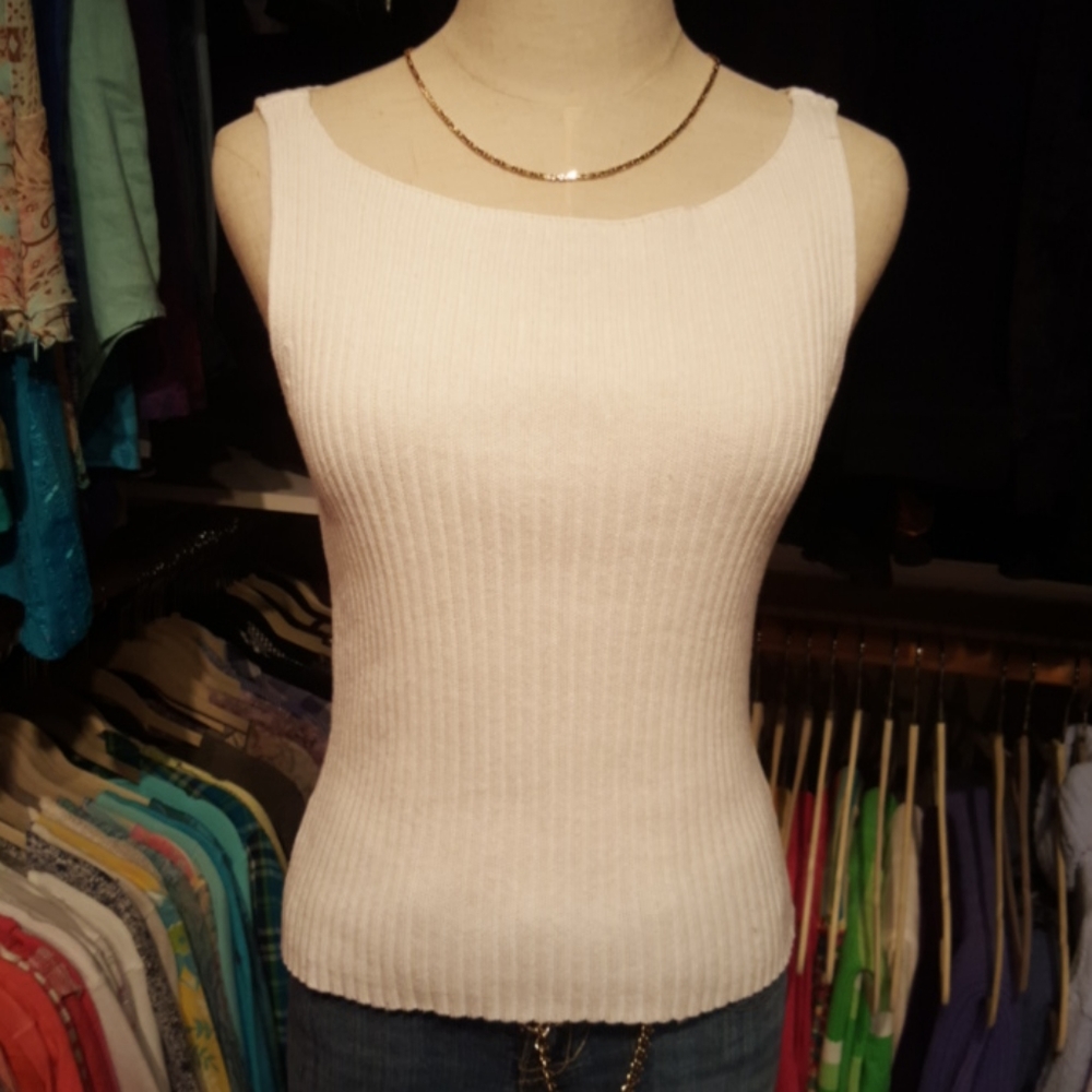 MODA INTERNATIONAL ♡ Gorgeous Vintage White Ribbed Boat Neck Sleeveless Top S/M